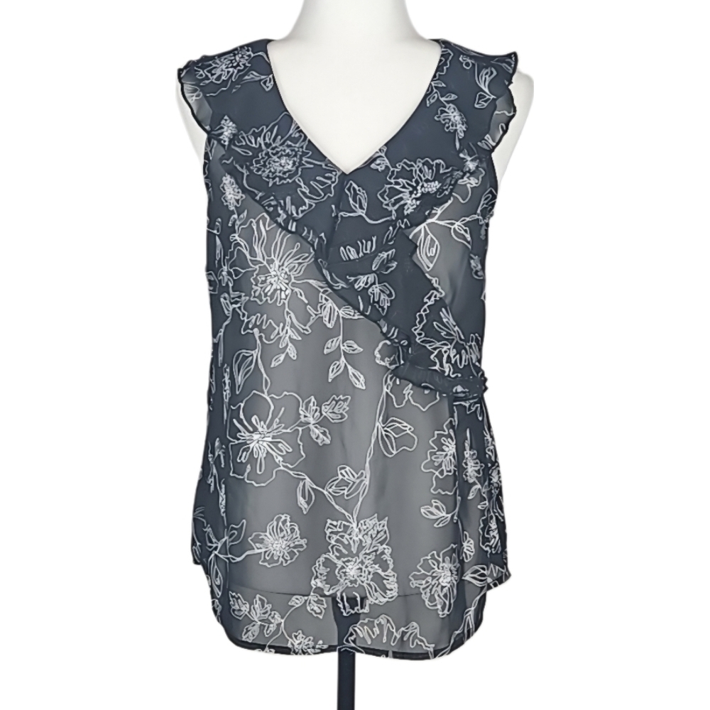 Romantic Retro Ruffle Sheer Top Whimsigoth Blouse Black & White Floral Whimsy, S